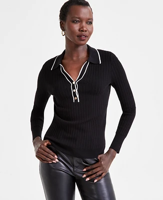 I.n.c. International Concepts Women's Contrast-Trim Collared Top, Exclusively at Macy's