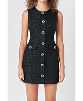 endless rose Women's Tweed Jewel Buttoned Mini Dress