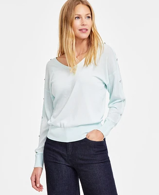 I.n.c. International Concepts Women's Double V-Neck Rhinestone-Sleeve Top, Exclusively at Macy's