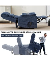 Streamdale Furniture Blue Chenille Dual Motor Infinite Position Up to 350 Lbs Power Lift Recliner Chair with Power-Remote, Heat Massage and Heavy Duty