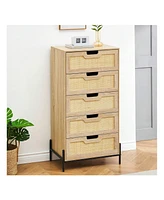 gaomon Modern Rattan 5 Drawers Dresser, Double Dresser For Bedroom