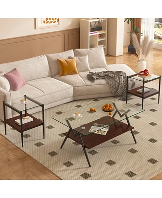 Coffee Table and End tables Set of 3, Tempered Glass Table with Mdf layer, Modern Tables for Living Room, Transparent Glass