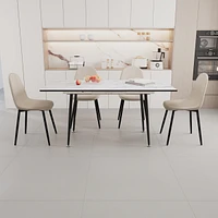 Scalable Mdf modern dining table and chair set, suitable for 2-6 people, white dining table and modern beige round dining chair 4-piece set, medieval