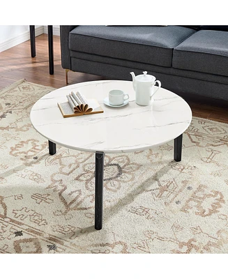 Living Room Coffee Table: Modern and stylish 36 inch round small coffee table, imitation marble tabletop with rubber wood solid wood legs, wooden coff