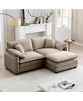 Streamdale Furniture Two-Seater Sofa with One Footrest, L-Shaped 2-Seater Sofa with Ottoman for Small Living Spaces,Tan Corduroy