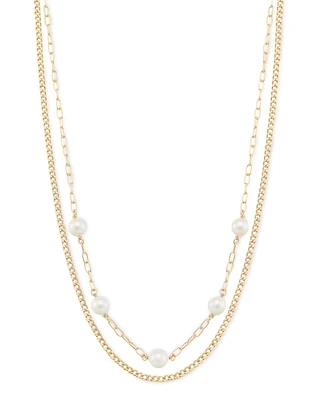 Cultured Freshwater Pearl (6.5-7mm) Paperclip & Curb Link 2-Row Necklace in 14k Gold over Sterling Silver, 18" Made in Italy