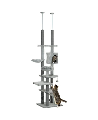 PawHut 89"-100" Floor to Ceiling Cat Tree with Cat Perch & Condo,