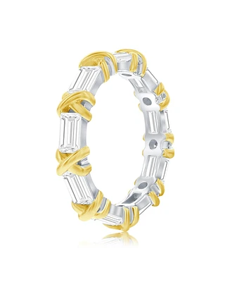 Suzy Levian New York Sterling Silver Baguette Cubic Zirconia Yellow Gold X Eternity Band