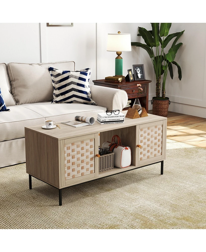 Streamdale Furniture Elegant Veener Weaving Design Coffee Table with 4 Sliding Door, Wooden Center Rectangular Table with Symmetrical Design Storage C