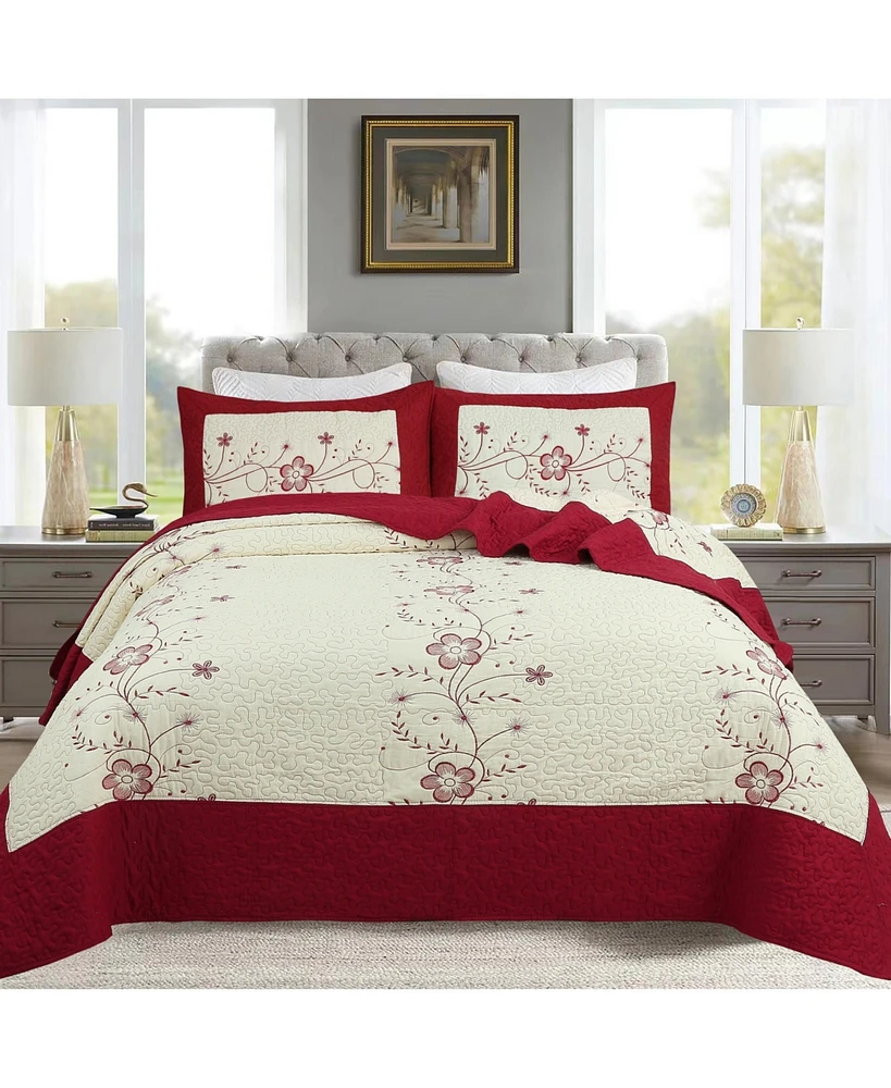 MarCielo 3 Piece Queen Embroidery Quilt Set Lightweight Bedspread