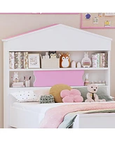 Twin Size House-Shaped Wooden Bed with Storage Shelf on the Headboard, Built-in Two Storage Drawers, Brown