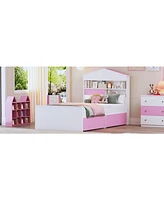 Streamdale Furniture Twin Size House-Shaped Wooden Bed with Storage Shelf on the Headboard, Built-in Two Storage Drawers, Pink