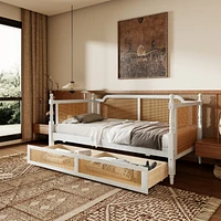 Traditional Style Rattan Twin Size Daybed with 2 Drawers for Limited Space, Guest Room, No Box Spring Needed,Antique White
