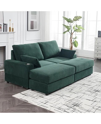 Streamdale Furniture Green 2 Seater Sofa with Usb cup holder with 2 Ottoman