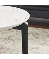Living Room Coffee Table: Modern and stylish 24 inch round small coffee table, imitation marble tabletop with rubber wood solid wood legs, wooden coff