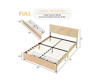 gaomon Rattan Full Size Bed Frame with Natural Rattan Headboard and Storage Drawers, Full Bed Frame with Led Strips and Strong Woode Slats Support