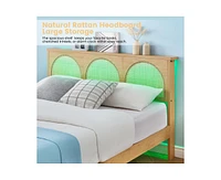 gaomon Rattan Full Size Bed Frame with Natural Rattan Headboard and Storage Drawers, Full Bed Frame with Led Strips and Strong Woode Slats Support