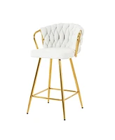 Modern design High stool Gold Plated legs Kitchen Dining White linen bar chair, suitable for Cafe Bar Restaurant (set of 2)