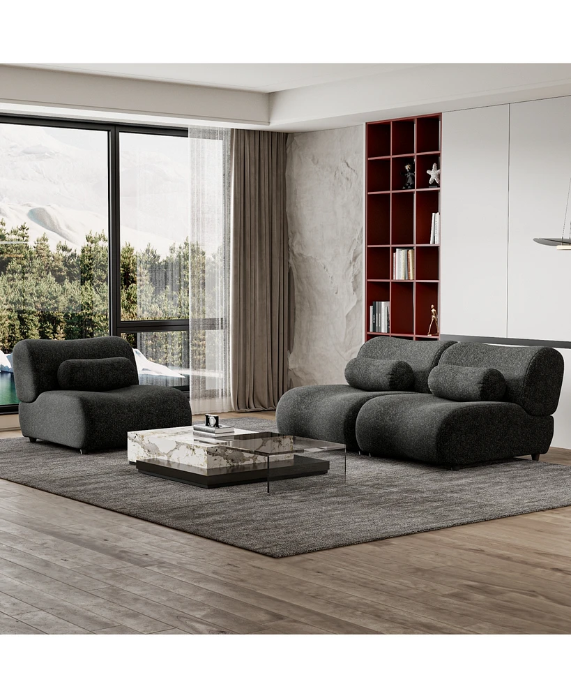 Streamdale Furniture Modern Black Chenille Sofa Set - 3-Seat Modular Sectional Couch with Cylindrical Pillows for Living Room