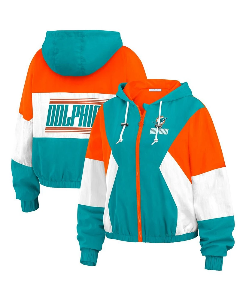 Wear by Erin Andrews Women's Aqua Miami Dolphins Color Block Full-Zip Windbreaker Jacket