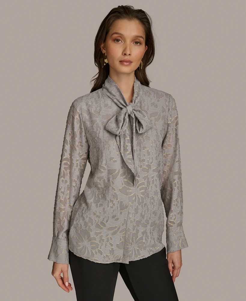 Donna Karan New York Women's Metallic Floral Tie-Neck Blouse