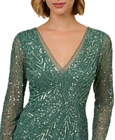 Adrianna Papell Women's Long-Sleeve Beaded Full-Length Gown