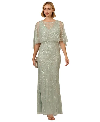 Adrianna Papell Women's Beaded Cape V-Neck Long Gown