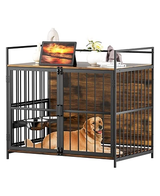 Lovmor Furniture Style Dog Crate Large Dogs Indoor Heavy Duty Dog Kennels with 2 Stainless Steel Bowls