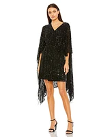 Mac Duggal Women's Cape Back Fringe Beaded Robe Dress