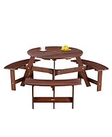 Slickblue Outdoor 6-Person Round Picnic Table with 3 Built-In Benches – Umbrella Hole, Ideal for Garden, Backyard, Porch