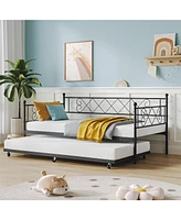 Twin Daybed with Pull-Out Trundle, Stylish Headboard and Metal Slats