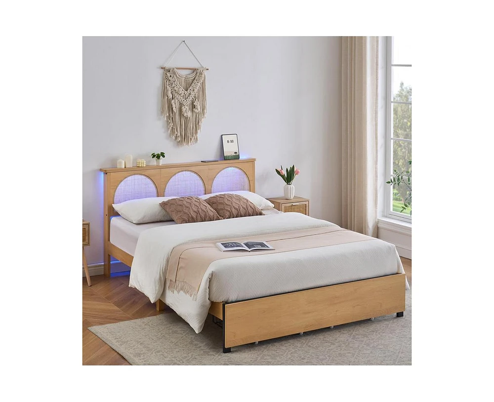 gaomon Rattan Bed Frame King with Natural Rattan Headboard and Storage Drawers, King Bed Frame with Led Strips and Strong Woode Slats Support, Bed Fra