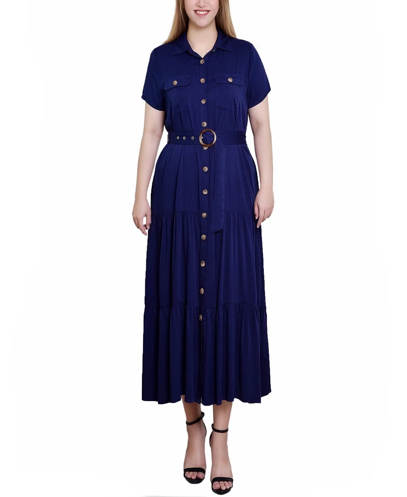 Ny Collection Petite Short Sleeve Midi Twill Dress
