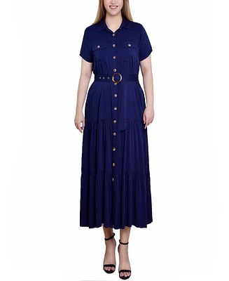 Ny Collection Petite Short Sleeve Midi Twill Dress