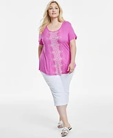 Jm Collection Plus Printed Short Sleeve Top, Exclusively at Macy's