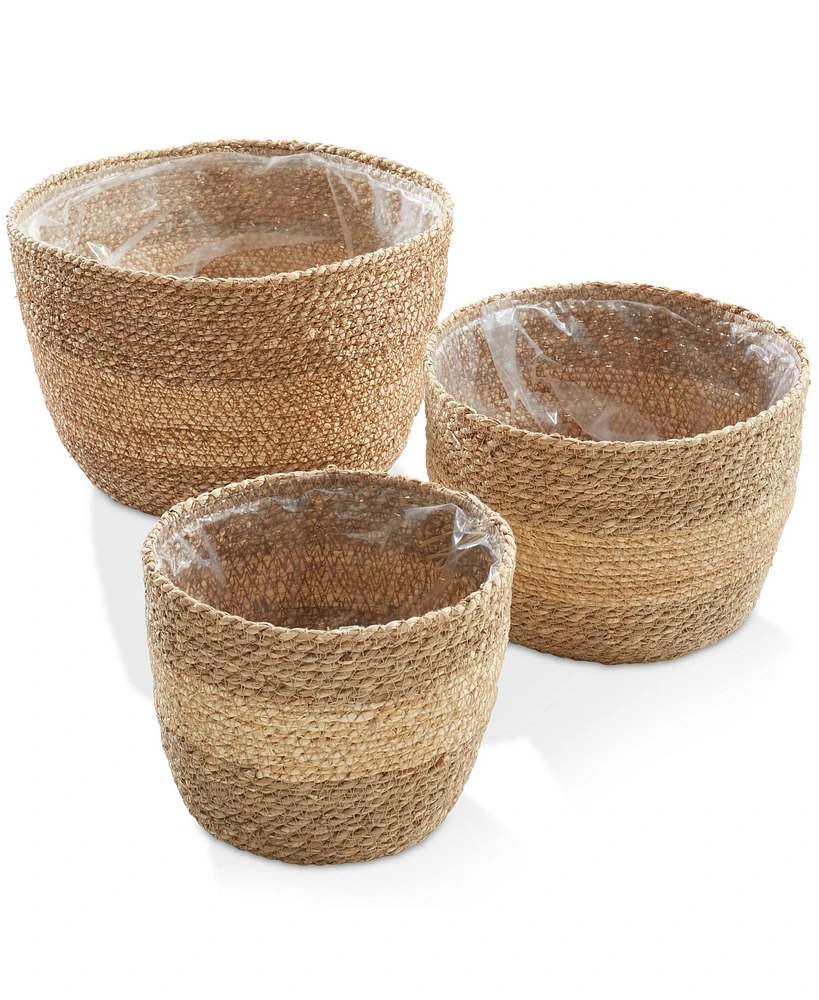 Casafield Set of 3 Seagrass Planter Baskets - Two-Tone, Hand Woven Indoor Flower Pot Covers with Liners for Plants, Succulents, Home Decor