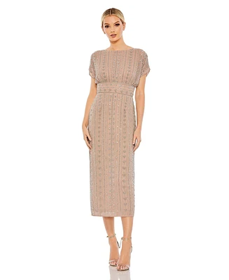 Women's Beaded Cap Sleeve Column Midi Dress