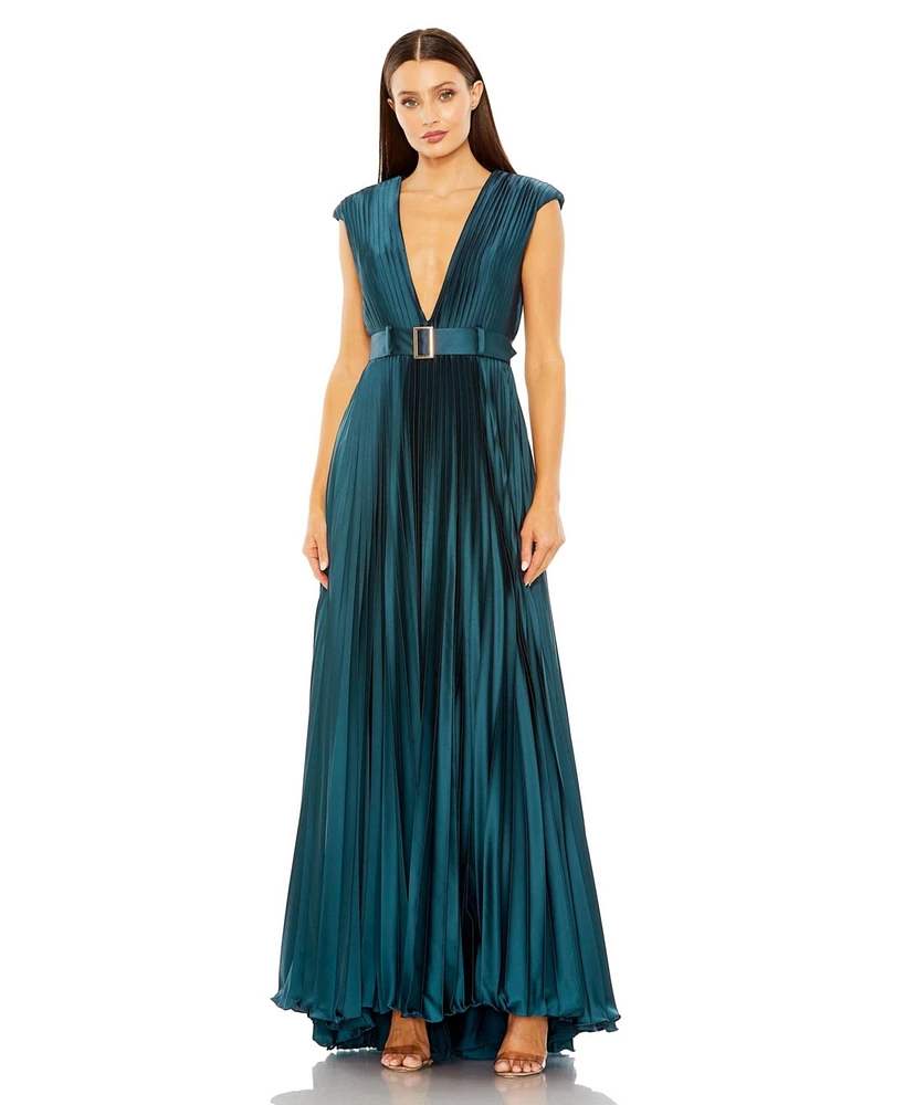 Mac Duggal Women's Pleated Plunge Neck Belted A Line Gown