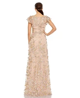 Mac Duggal Women's Embroidered Applique Wrap Over Flutter Sleeve Gown