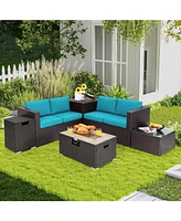 Skonyon 32 x 20 Inch Propane Rattan Fire Pit Table Set with Side Table Tank and Cover
