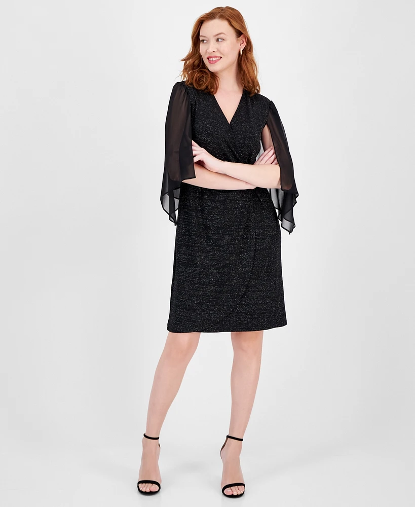 Connected Women's Glitter-Knit Flare-Sleeve O-Ring Dress