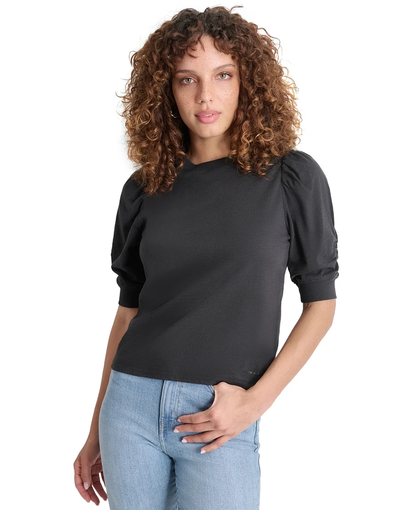 Dkny Jeans Women's Cotton Ruched Puff-Sleeve T-Shirt