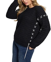 Guess Women's Elliss Rhinestones-Chain Open-Stitch Crewneck Sweater