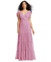 Dessy Collection Plus Bow-Shoulder Faux Wrap Maxi Dress with Tiered Skirt