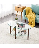 Slickblue Modern Transparent Oval Glass Coffee Table with Oak Wood Legs 3-Layer Living Room Tea Table