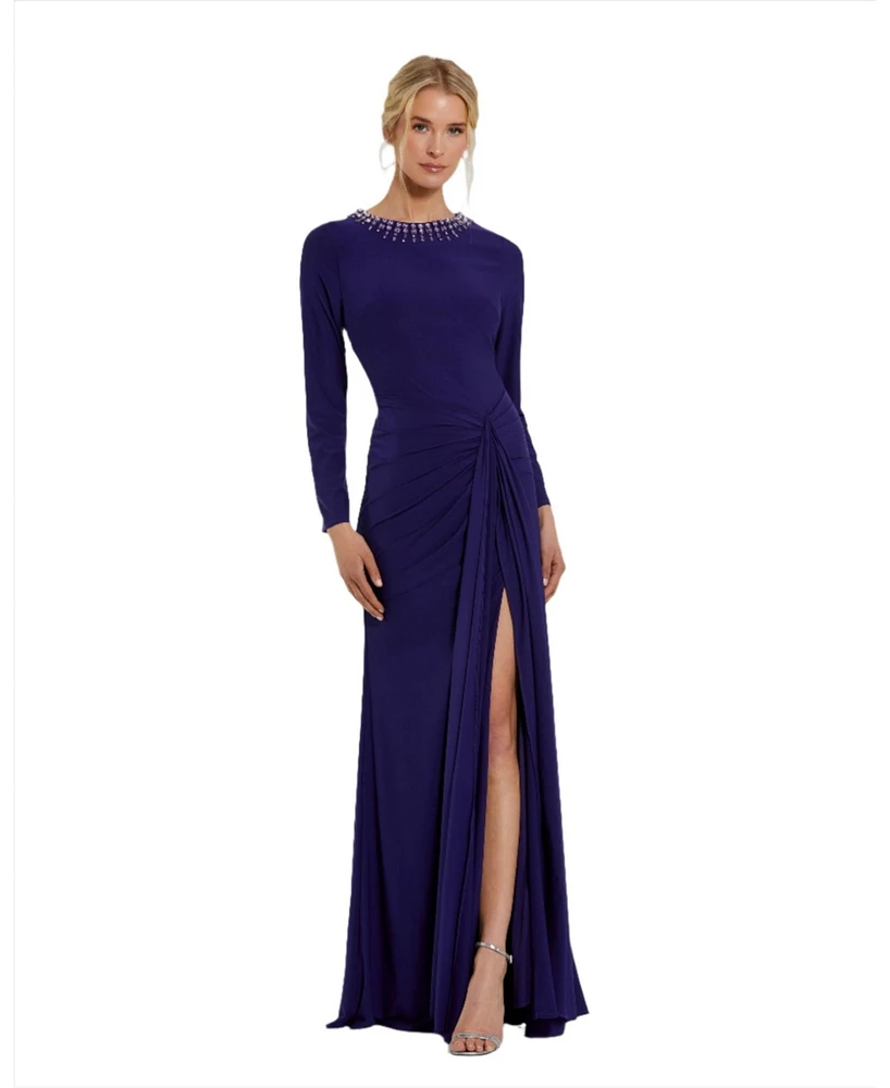 Mac Duggal Women's Long Sleeve Jersey Ruched Gown With Beaded Neck