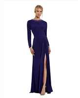 Mac Duggal Women's Long Sleeve Jersey Ruched Gown With Beaded Neck