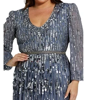 Mac Duggal Plus Long Sleeve Beaded Crystal Deep V Neckline Gown