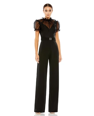 Mac Duggal Women's Belted Illusion High Neck Cap Sleeve Jumpsuit