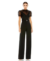 Mac Duggal Women's Belted Illusion High Neck Cap Sleeve Jumpsuit